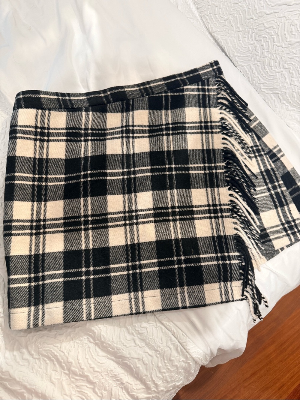 ANTONIO MELANI Black and Cream Plaid Fringe Mini Skirt